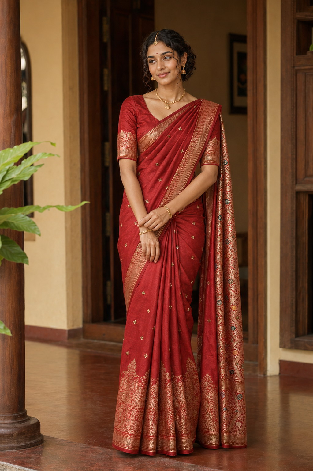 Crimson Red Saree with Gold Paisley Woven Border