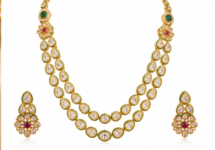 The Maharani Vault Double Layer Kundan Necklace Set | Luxury Indian Bridal Jewelry