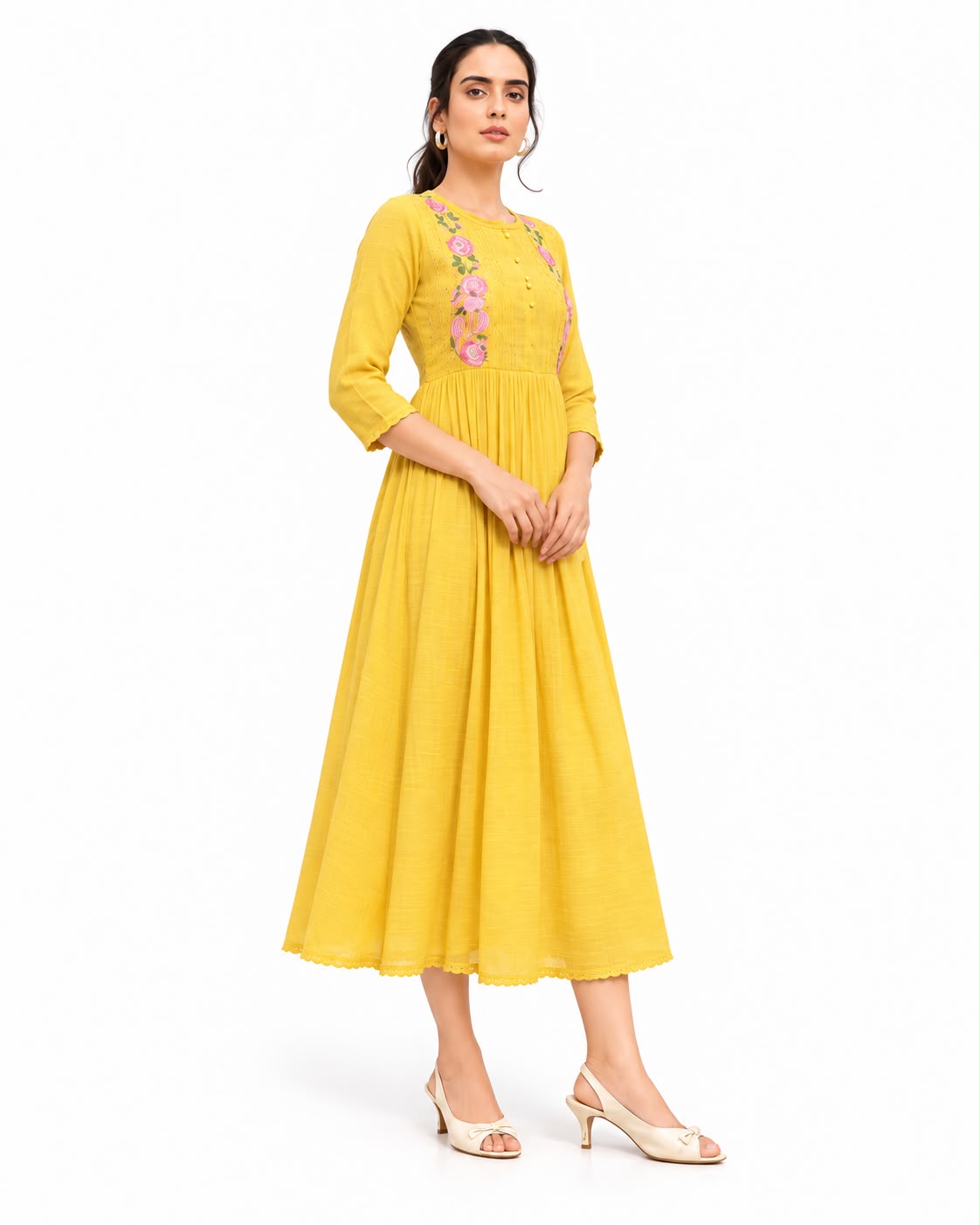 Elegant Mustard Yellow Floral Embroidered Anarkali Dress for Women