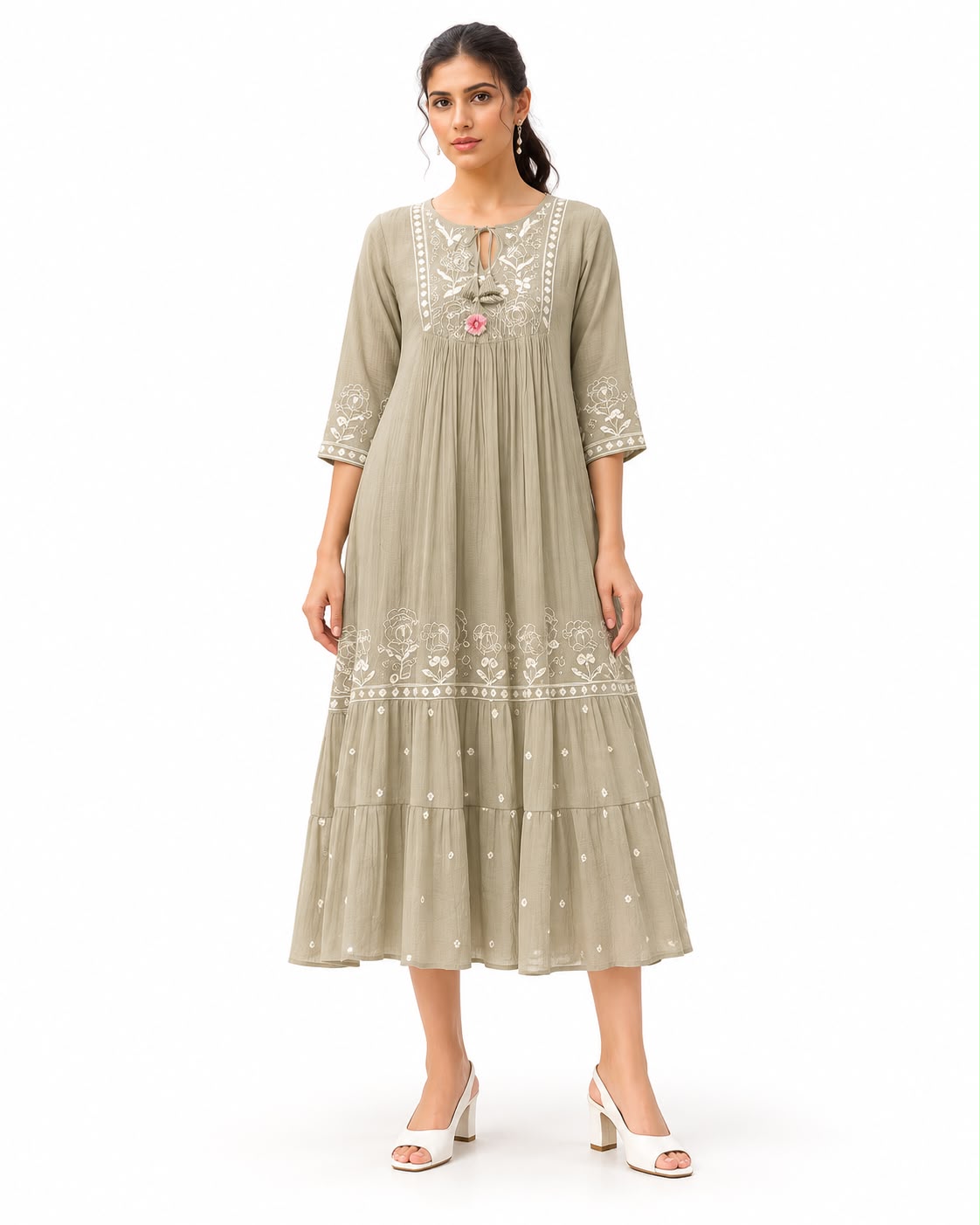 Floral Ethnic Midi Dress with 3/4 Sleeves