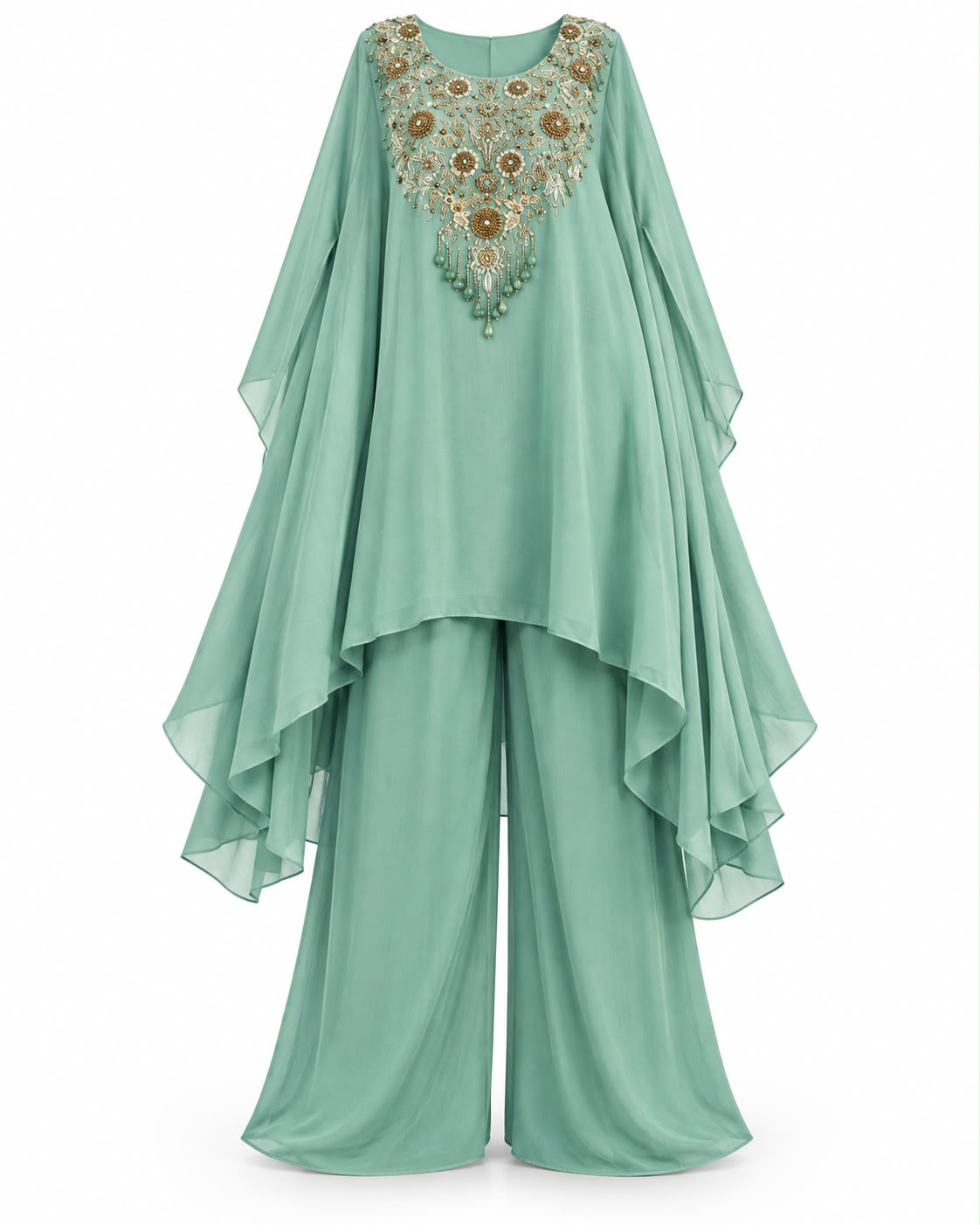 Mint Green Embroidered Kaftan Style Sharara Suit with Golden Floral Embellishments