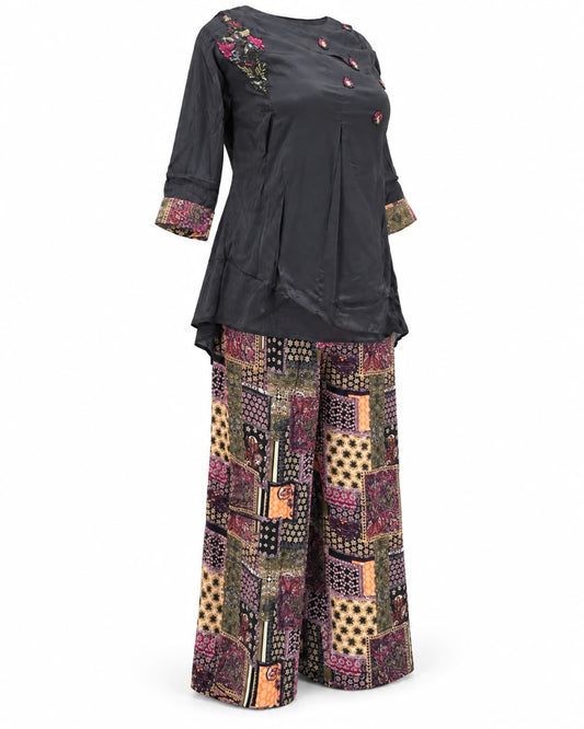 Black Embroidered Short Kurti with Patchwork Print Palazzo Co-ord Set
