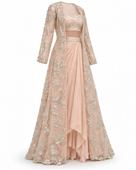 Blush Peach Sequin Embroidered Long Jacket Set with Sweetheart Crop Top and Draped Skirt