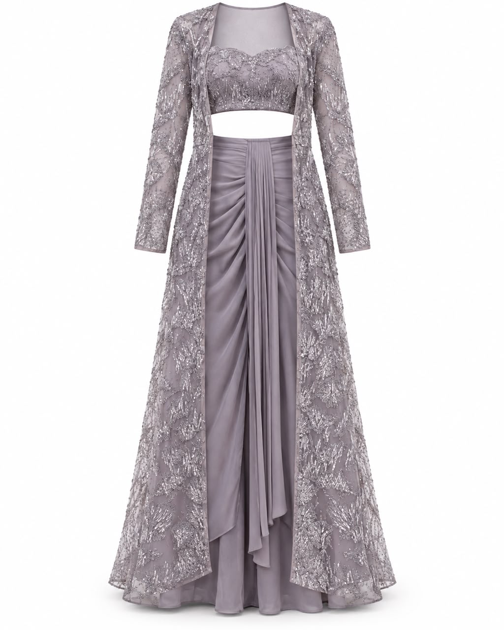 Mauve Grey Beaded Embroidered Long Jacket Set with Sweetheart Crop Top and Draped Skirt
