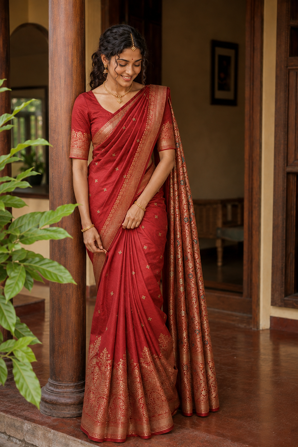 Crimson Red Saree with Gold Paisley Woven Border