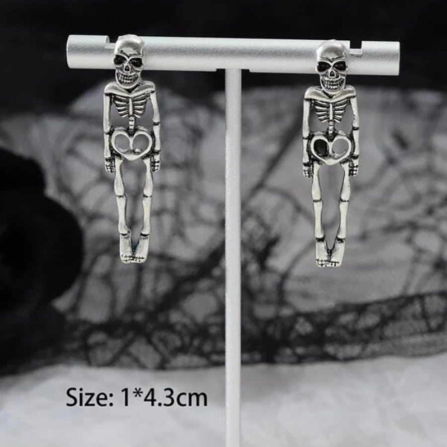 Elegant Silver-Tone Skeleton Figure Drop Earrings Printed