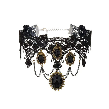 Ethnic Style Lace Choker Necklace For Women In Dyed Black Alloy With Electroplated Finish And Resin Pendant