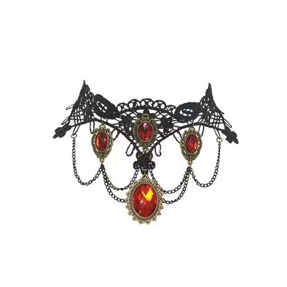 Ethnic Style Lace Choker Necklace For Women In Dyed Black Alloy With Electroplated Finish And Resin Pendant