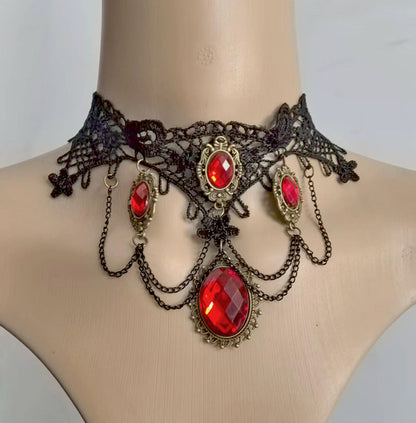 Ethnic Style Lace Choker Necklace For Women In Dyed Black Alloy With Electroplated Finish And Resin Pendant