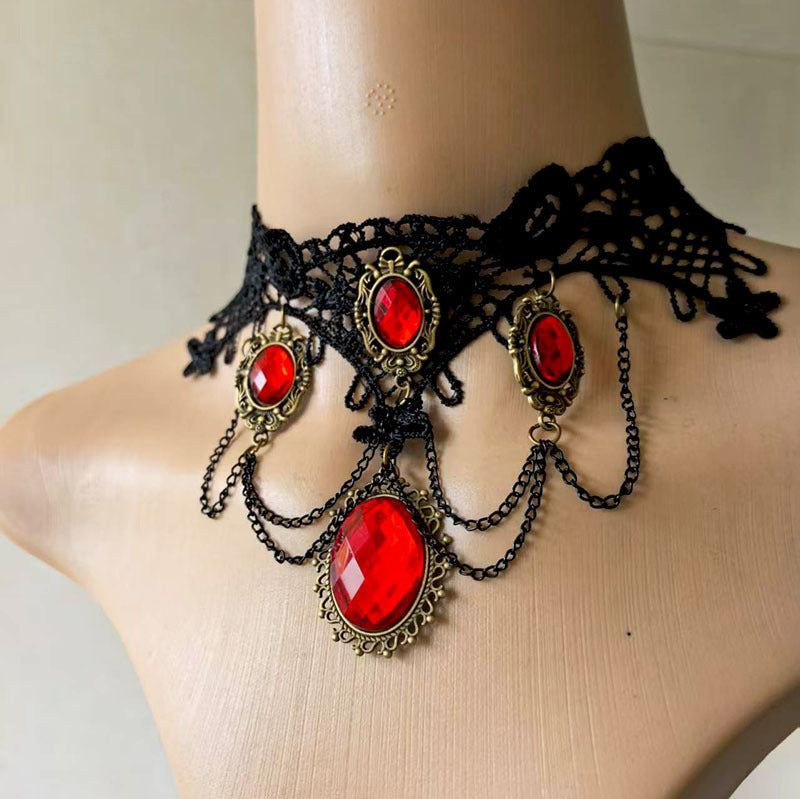 Ethnic Style Lace Choker Necklace For Women In Dyed Black Alloy With Electroplated Finish And Resin Pendant