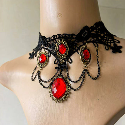 Ethnic Style Lace Choker Necklace For Women In Dyed Black Alloy With Electroplated Finish And Resin Pendant