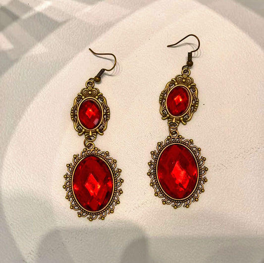 Vintage Gothic Red Resin Drop Earrings for Women – Antique Bronze Victorian Dangle Earrings