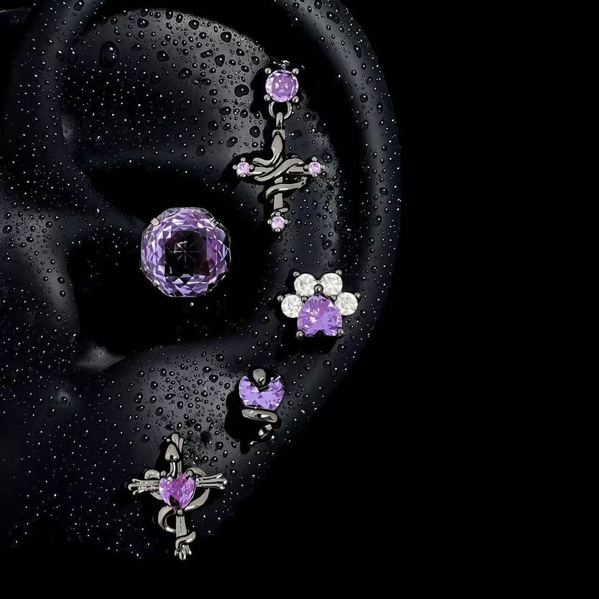 Purple Gothic Earring Set – 5-Piece Snake, Cross & Heart Earrings