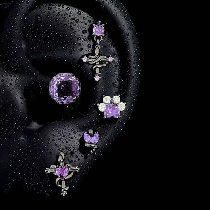 Purple Gothic Earring Set – 5-Piece Snake, Cross & Heart Earrings