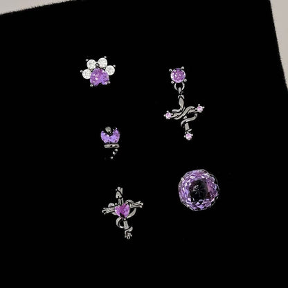 Purple Gothic Earring Set – 5-Piece Snake, Cross & Heart Earrings
