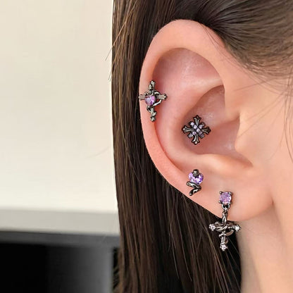 Purple Gothic Earring Set – 5-Piece Snake, Cross & Heart Earrings