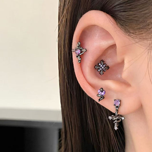 Purple Gothic Earring Set – 5-Piece Snake, Cross & Heart Earrings
