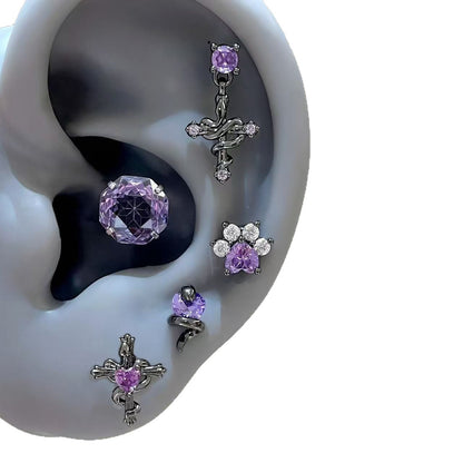 Purple Gothic Earring Set – 5-Piece Snake, Cross & Heart Earrings