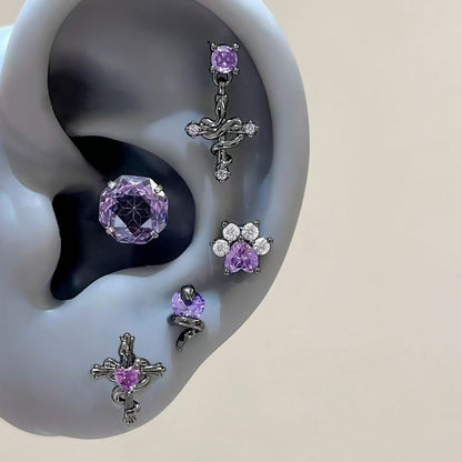 Purple Gothic Earring Set – 5-Piece Snake, Cross & Heart Earrings