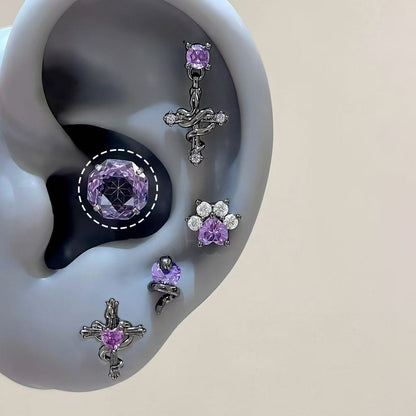 Purple Gothic Earring Set – 5-Piece Snake, Cross & Heart Earrings