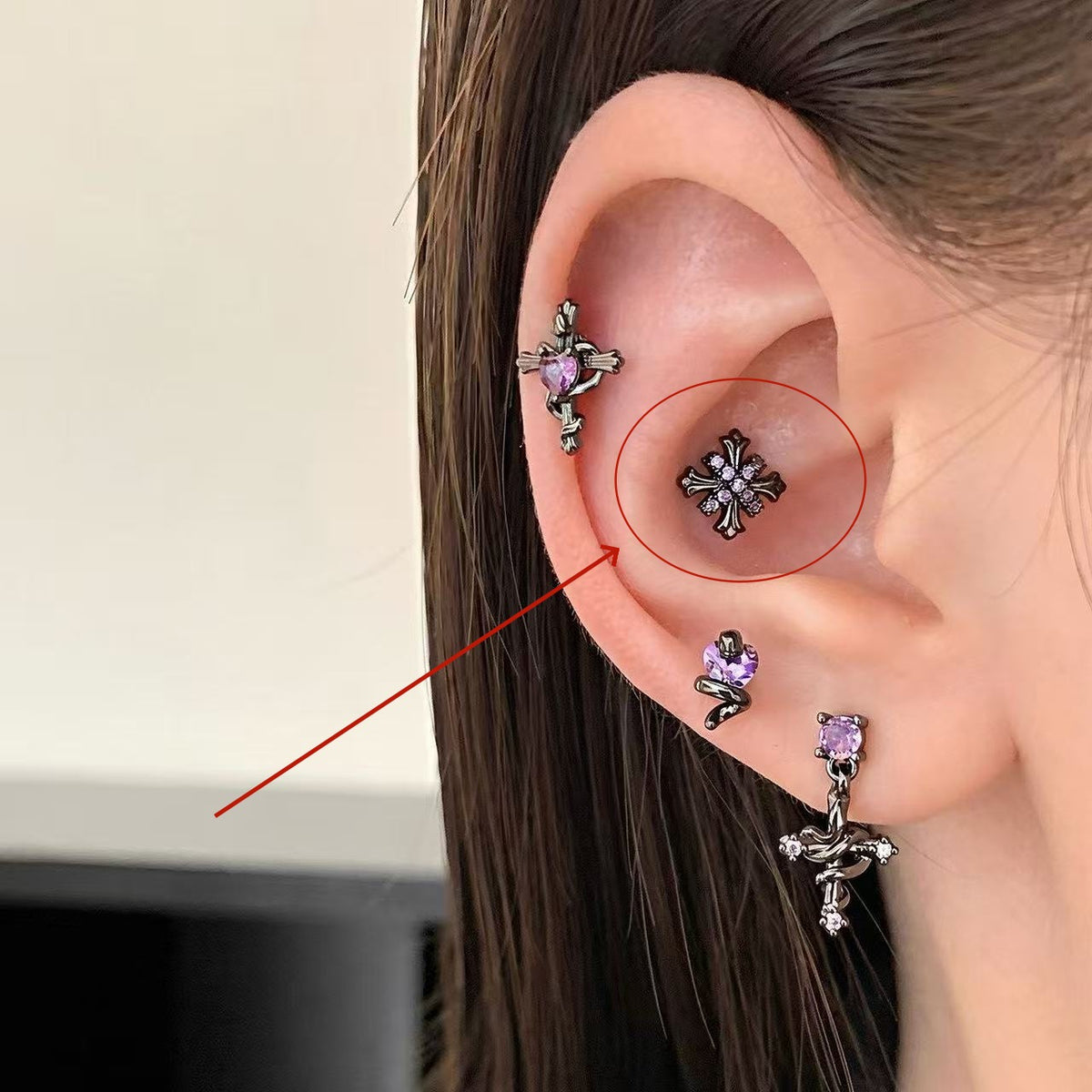Purple Gothic Earring Set – 5-Piece Snake, Cross & Heart Earrings