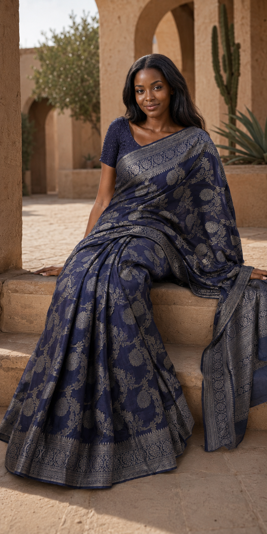 Navy Blue Pattu Saree with Silver Floral Woven Design