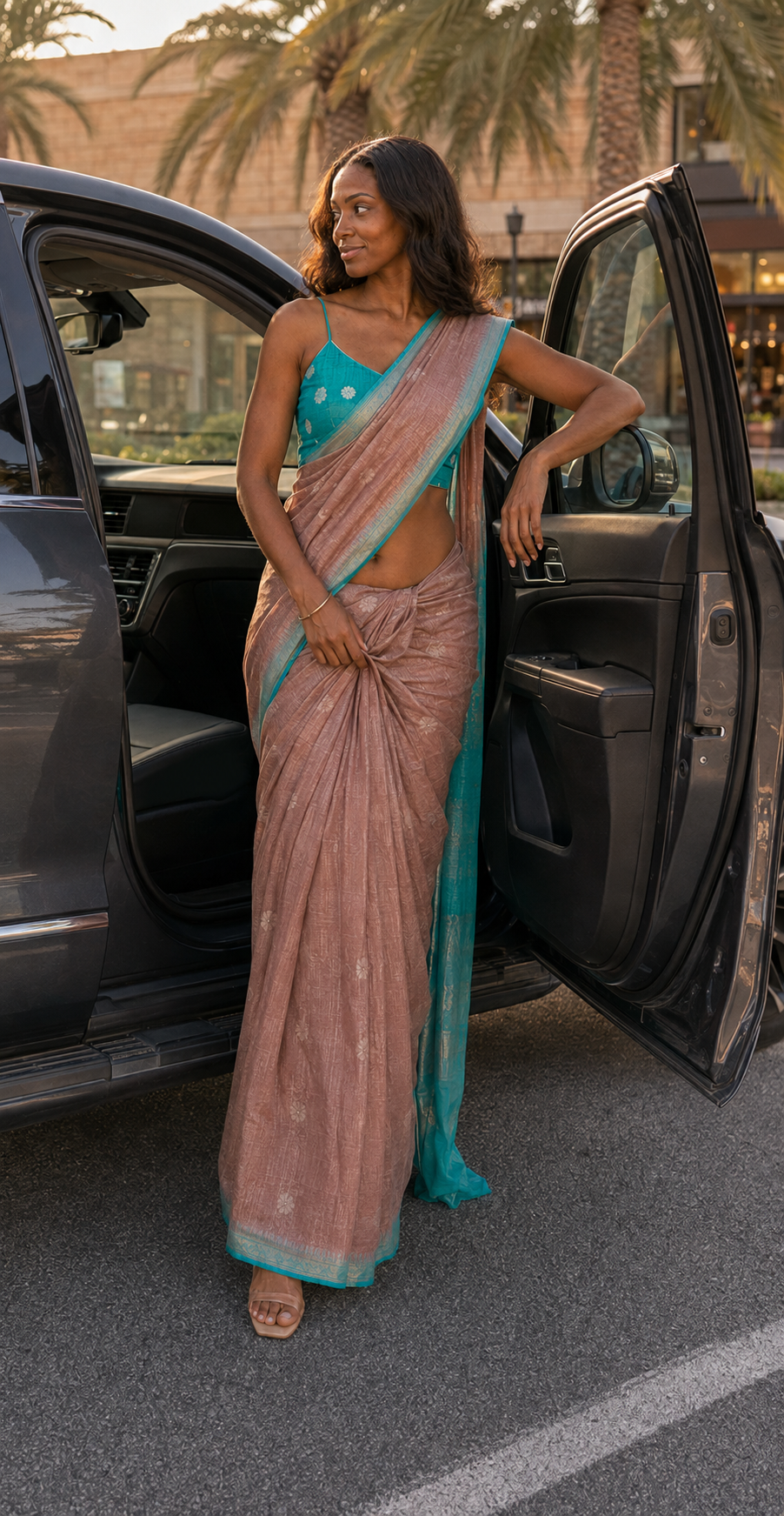 Dusty Rose Saree with Teal Woven Border
