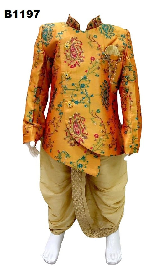 Boys Yellow Floral Indo-Western Sherwani Set with Dhoti Pants