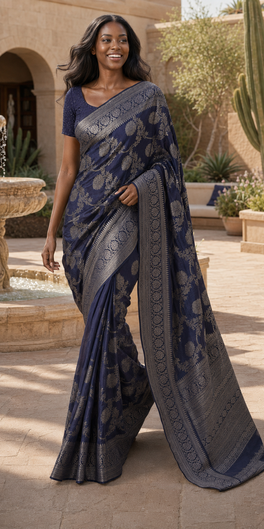 Navy Blue Pattu Saree with Silver Floral Woven Design