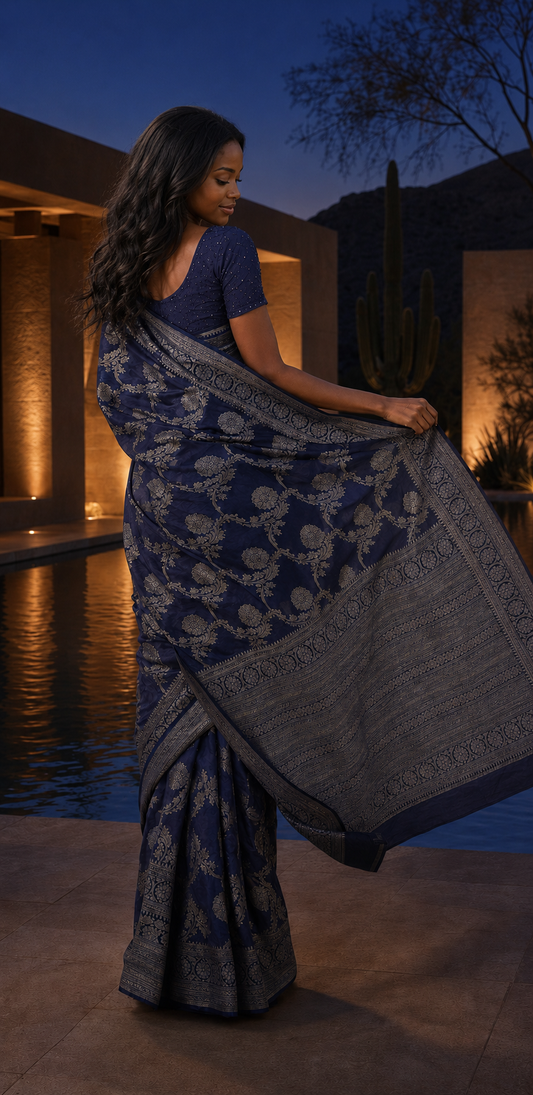 Navy Blue Pattu Saree with Silver Floral Woven Design