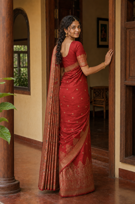 Crimson Red Saree with Gold Paisley Woven Border