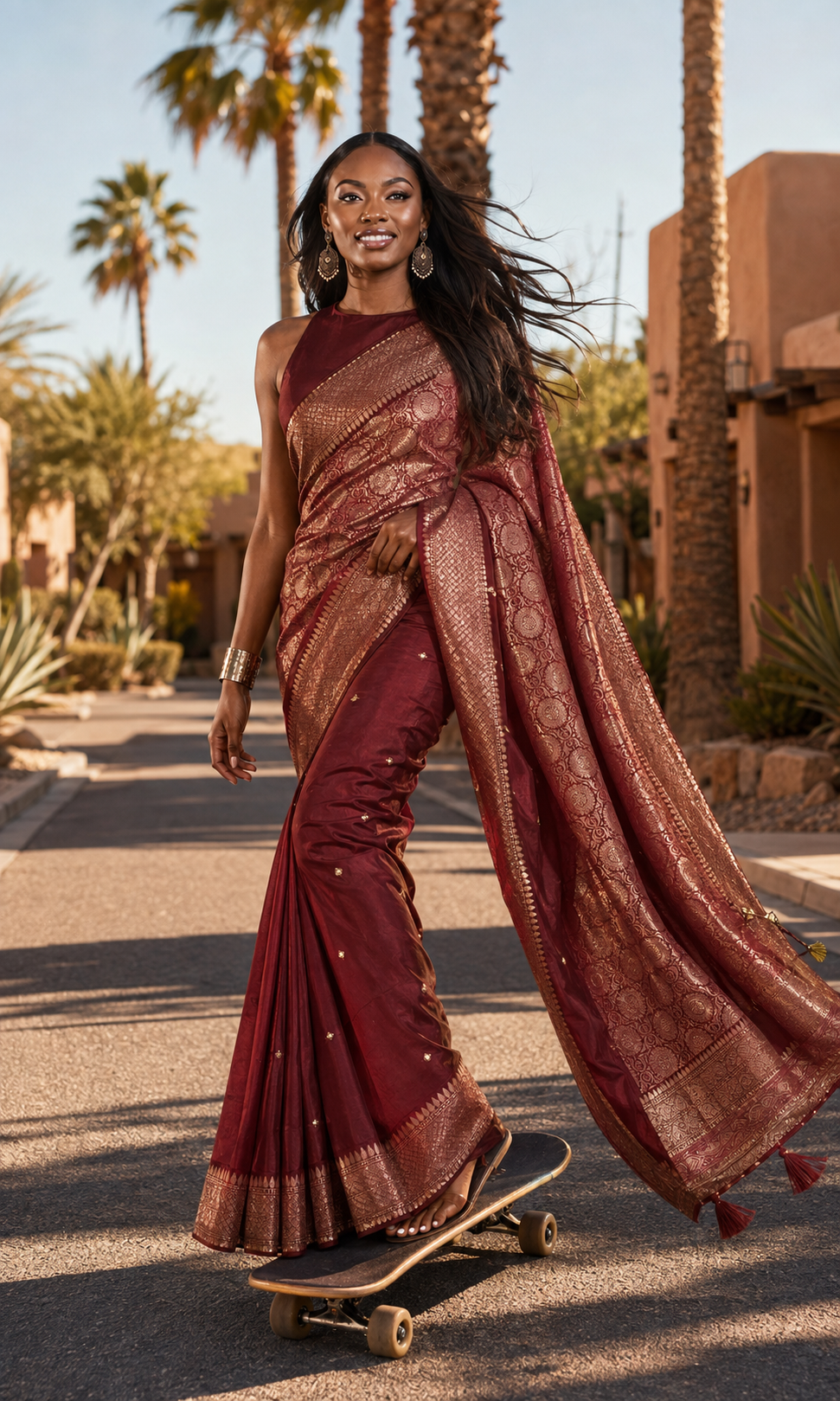 Deep Maroon Saree with Rose-Gold Woven Pallu