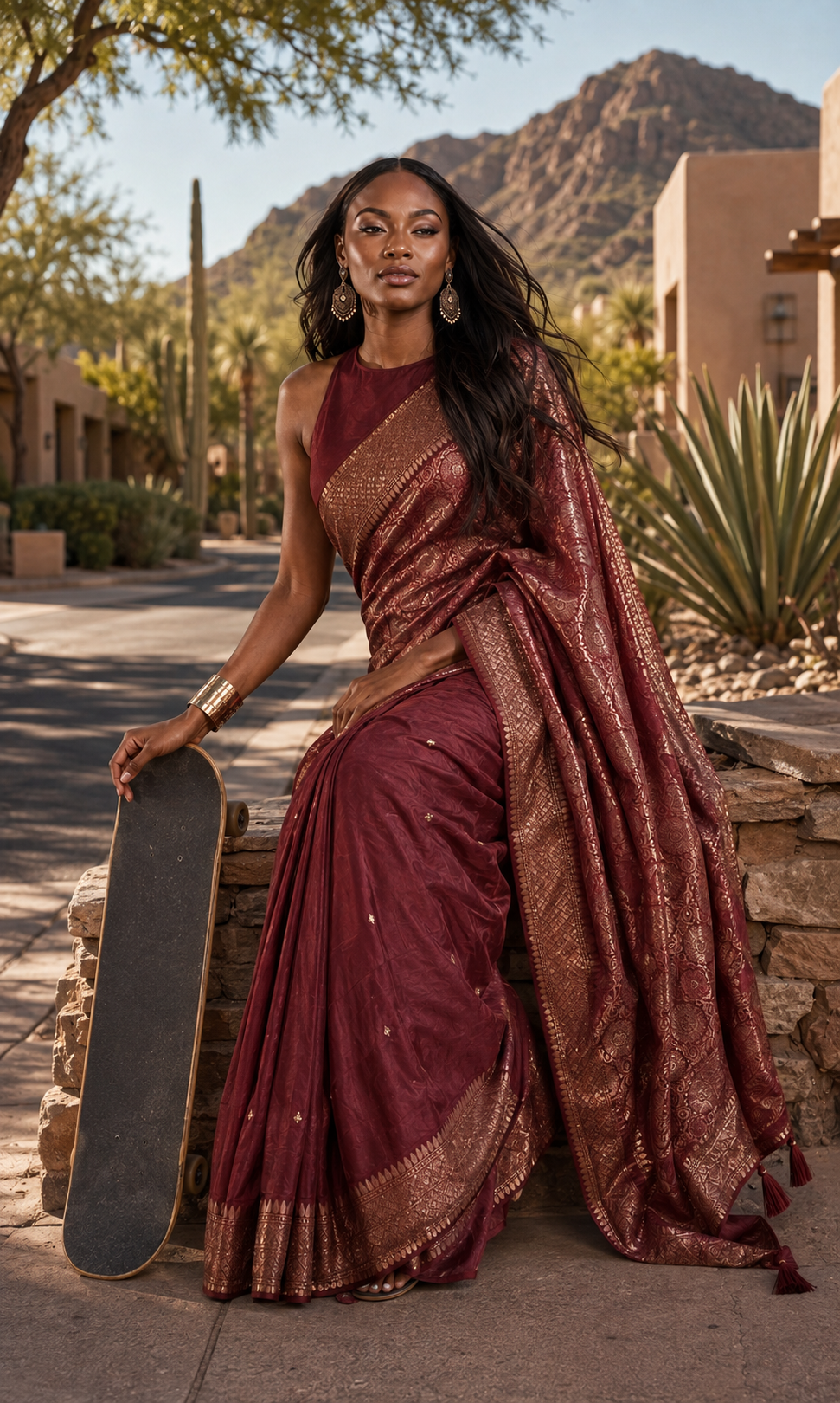 Deep Maroon Saree with Rose-Gold Woven Pallu