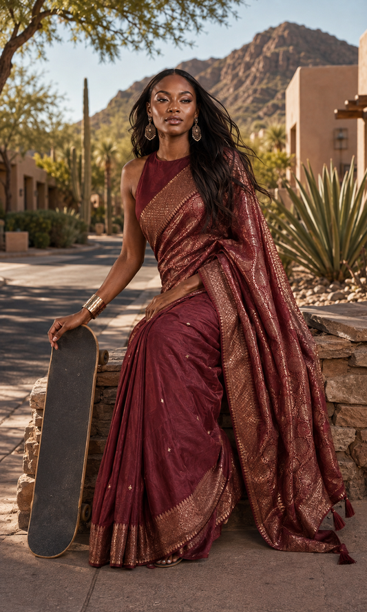 Deep Maroon Saree with Rose-Gold Woven Pallu