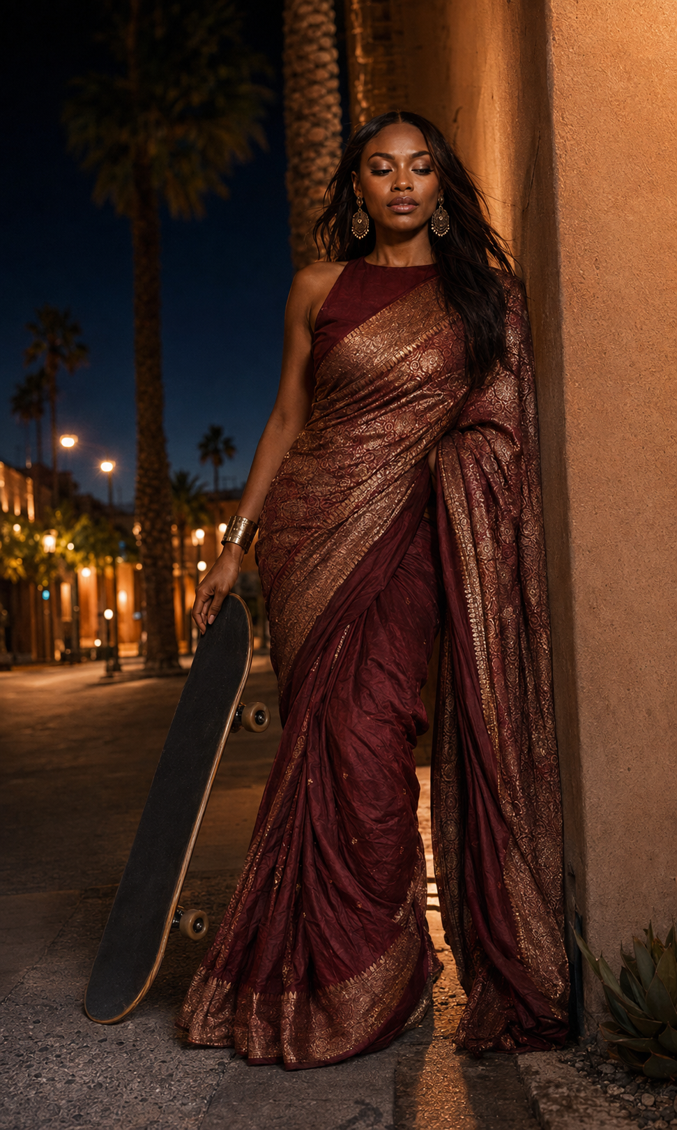 Deep Maroon Saree with Rose-Gold Woven Pallu