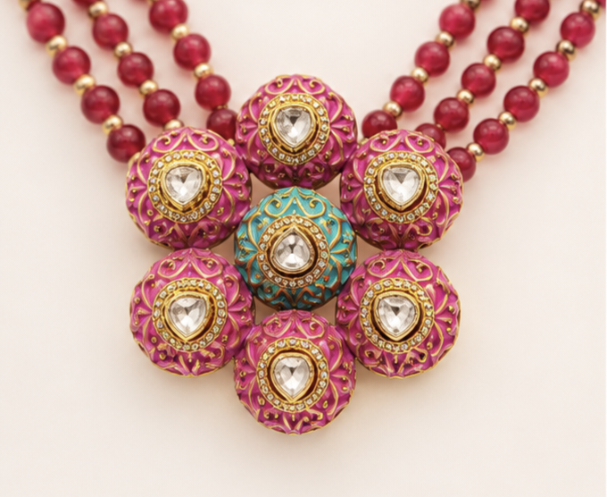 Statement Kundan Necklace Set with Ruby Beads | Designer Indian Wedding Jewelry for Women