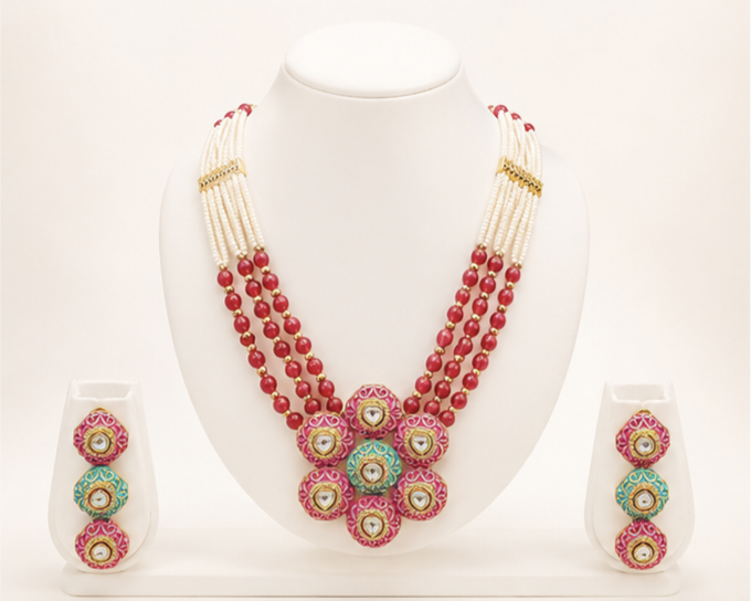 Statement Kundan Necklace Set with Ruby Beads | Designer Indian Wedding Jewelry for Women