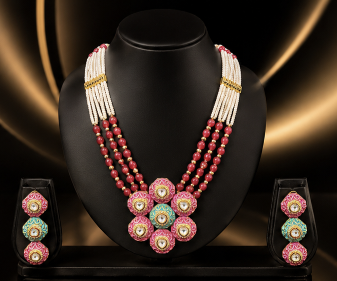 Statement Kundan Necklace Set with Ruby Beads | Designer Indian Wedding Jewelry for Women