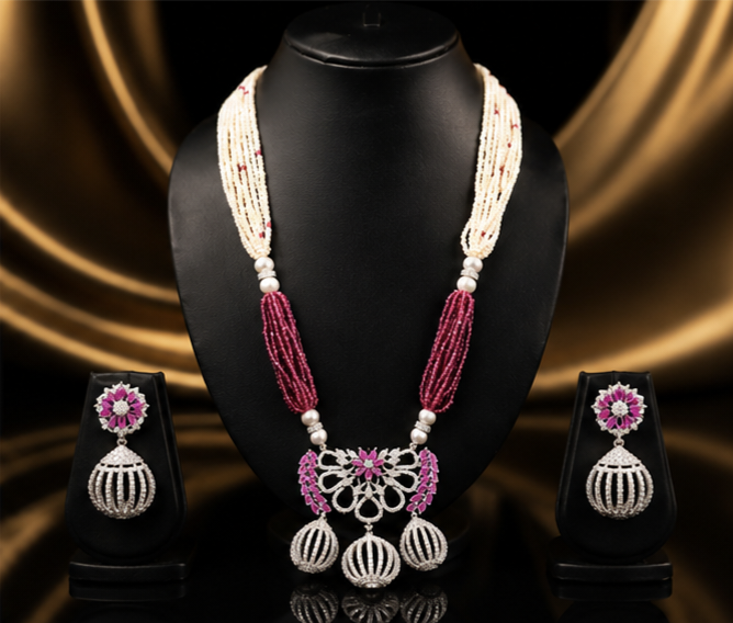 The Maharani Vault Ruby Pearl Statement Necklace Set | Luxury Indian Jewelry for Women