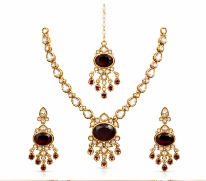 Maharani Vault Bridal Collection – Royal Ruby Stone Necklace Set with Earrings and Maang Tikka