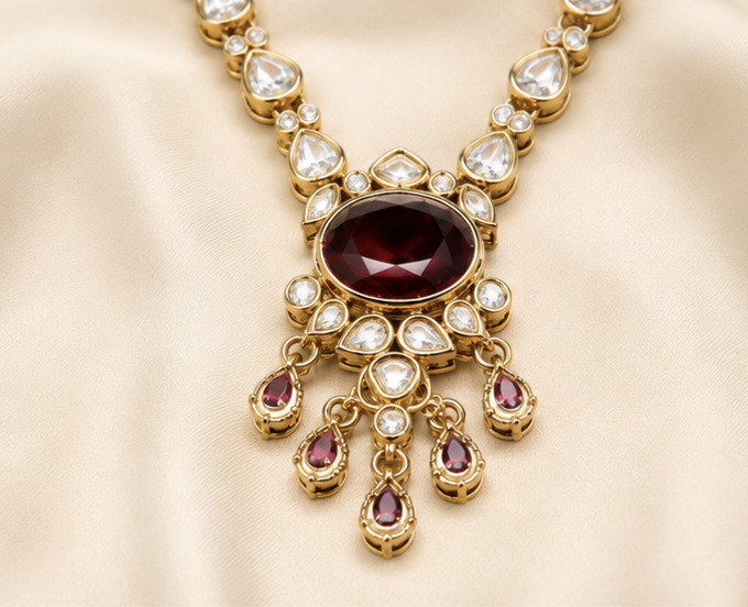 Maharani Vault Bridal Collection – Royal Ruby Stone Necklace Set with Earrings and Maang Tikka