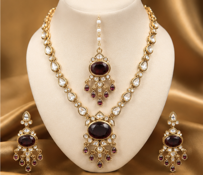Maharani Vault Bridal Collection – Royal Ruby Stone Necklace Set with Earrings and Maang Tikka