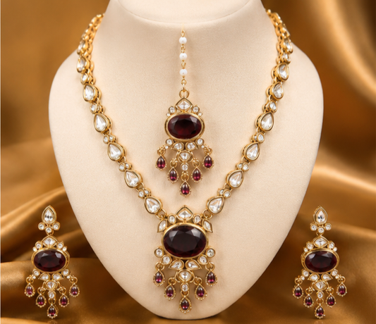 Maharani Vault Bridal Collection – Royal Ruby Stone Necklace Set with Earrings and Maang Tikka