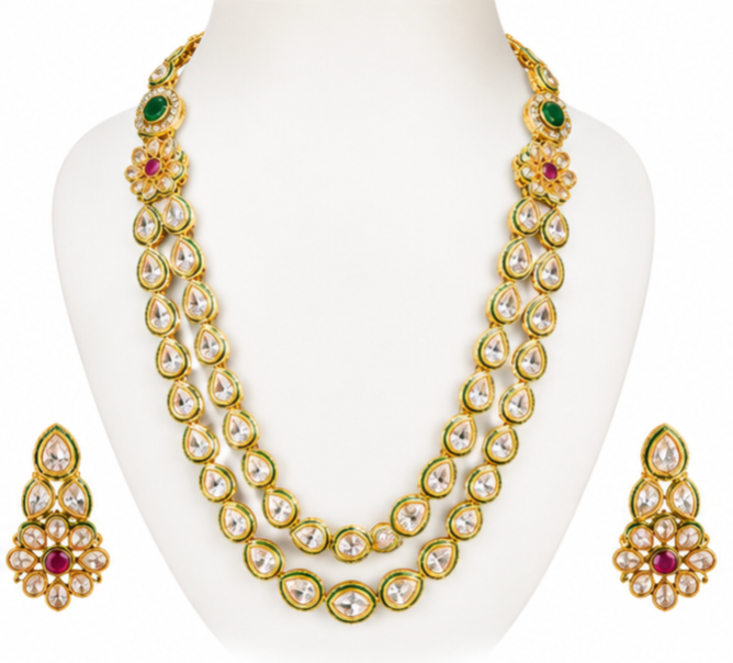 The Maharani Vault Double Layer Kundan Necklace Set | Luxury Indian Bridal Jewelry
