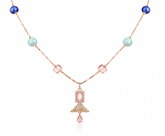 Aurora Collection – Geometric Crystal Pendant Necklace with Blue Bead Accents