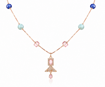 Aurora Collection – Geometric Crystal Pendant Necklace with Blue Bead Accents