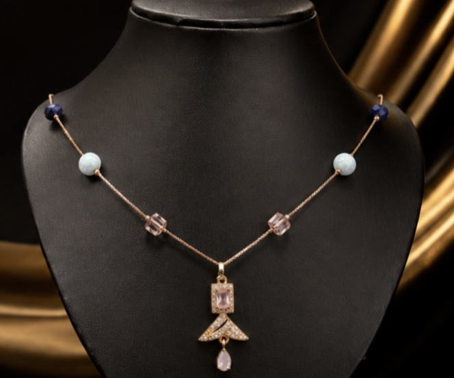 Aurora Collection – Geometric Crystal Pendant Necklace with Blue Bead Accents