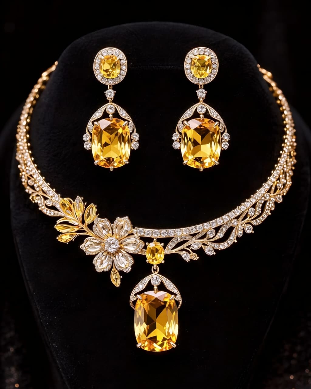 Royal Gold Amber Stone Necklace & Earrings Set