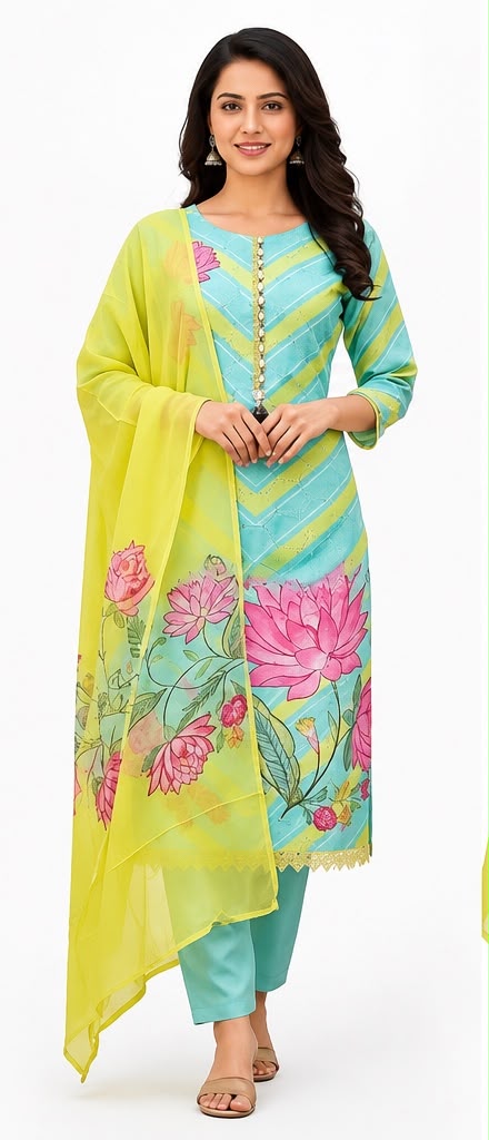 Elegant Aqua Blue & Lime Green Floral Salwar Suit Set for Women