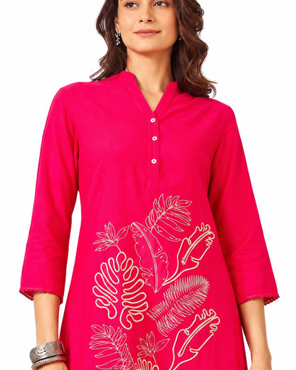 Elegant Fuchsia Pink Embroidered Kurta Pant Set for Women